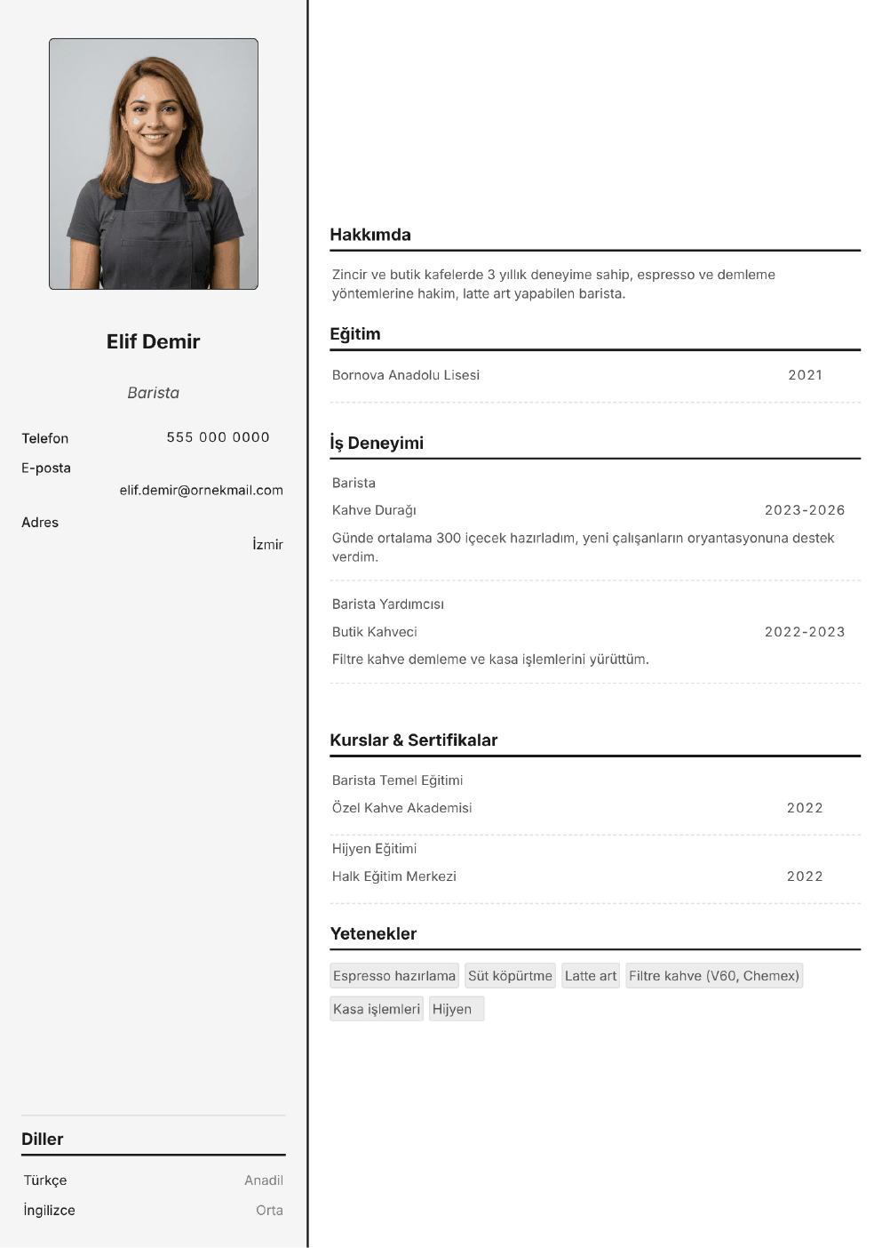 Barista için doldurulmuş örnek CV (fotoğraflı)