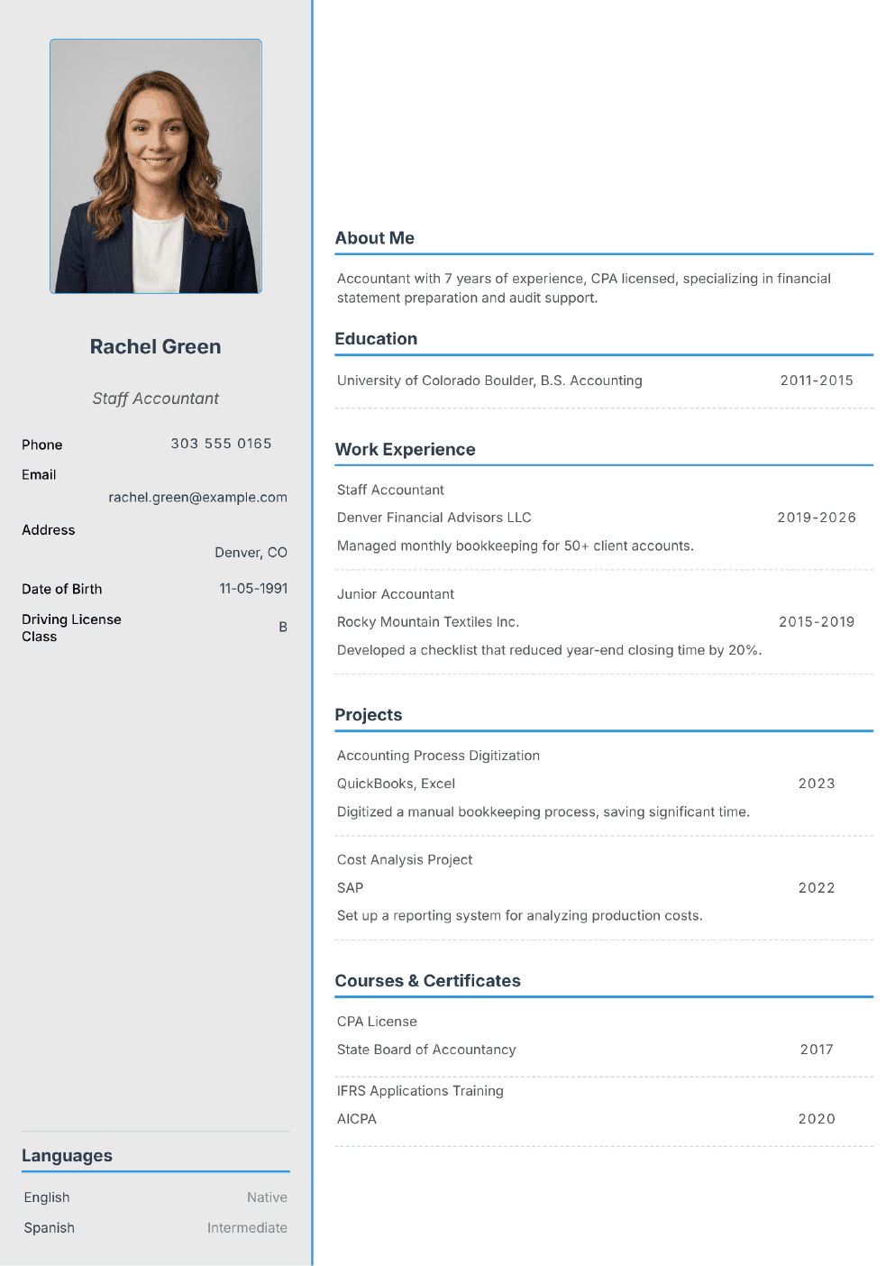Filled-in example CV for Accountant (with photo)