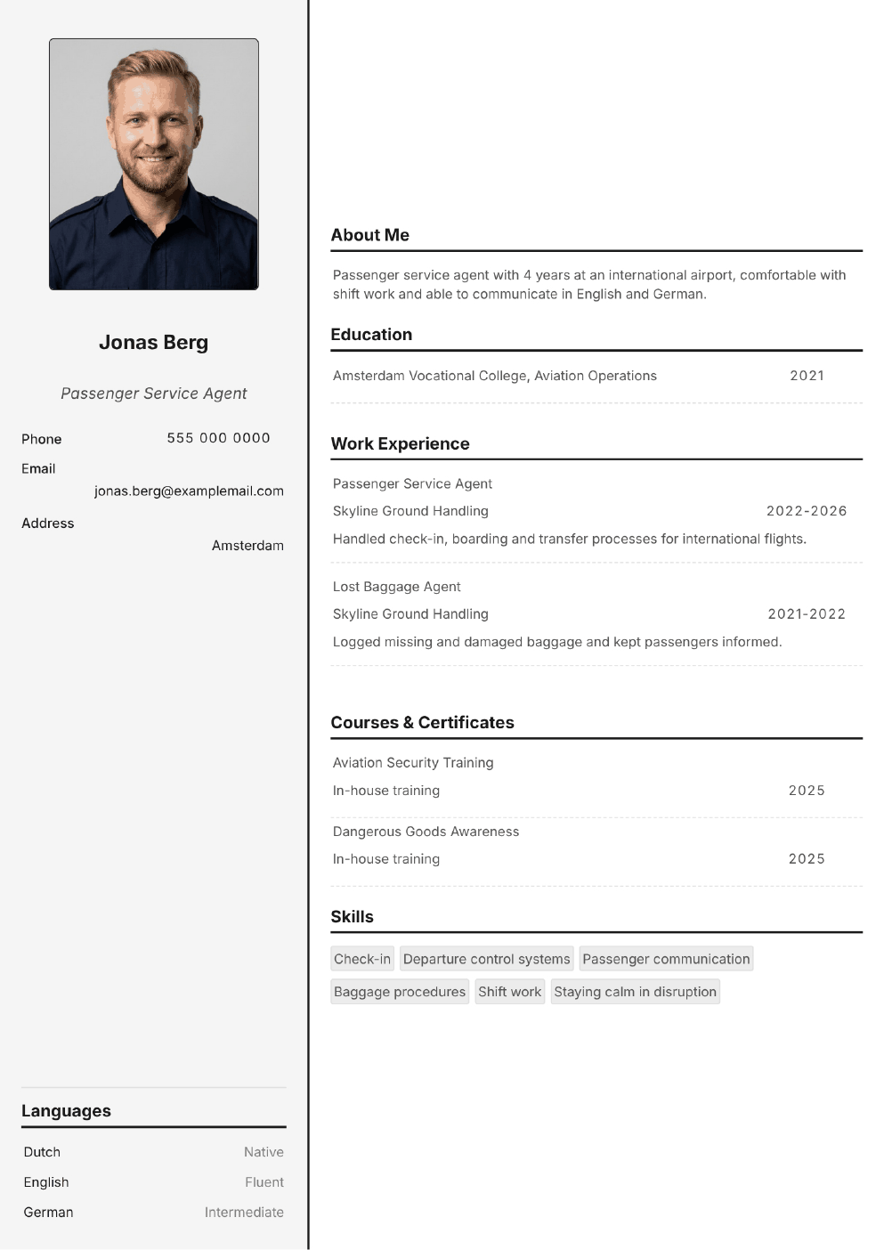 Completed CV example for a Airport Ground Staff (without photo)