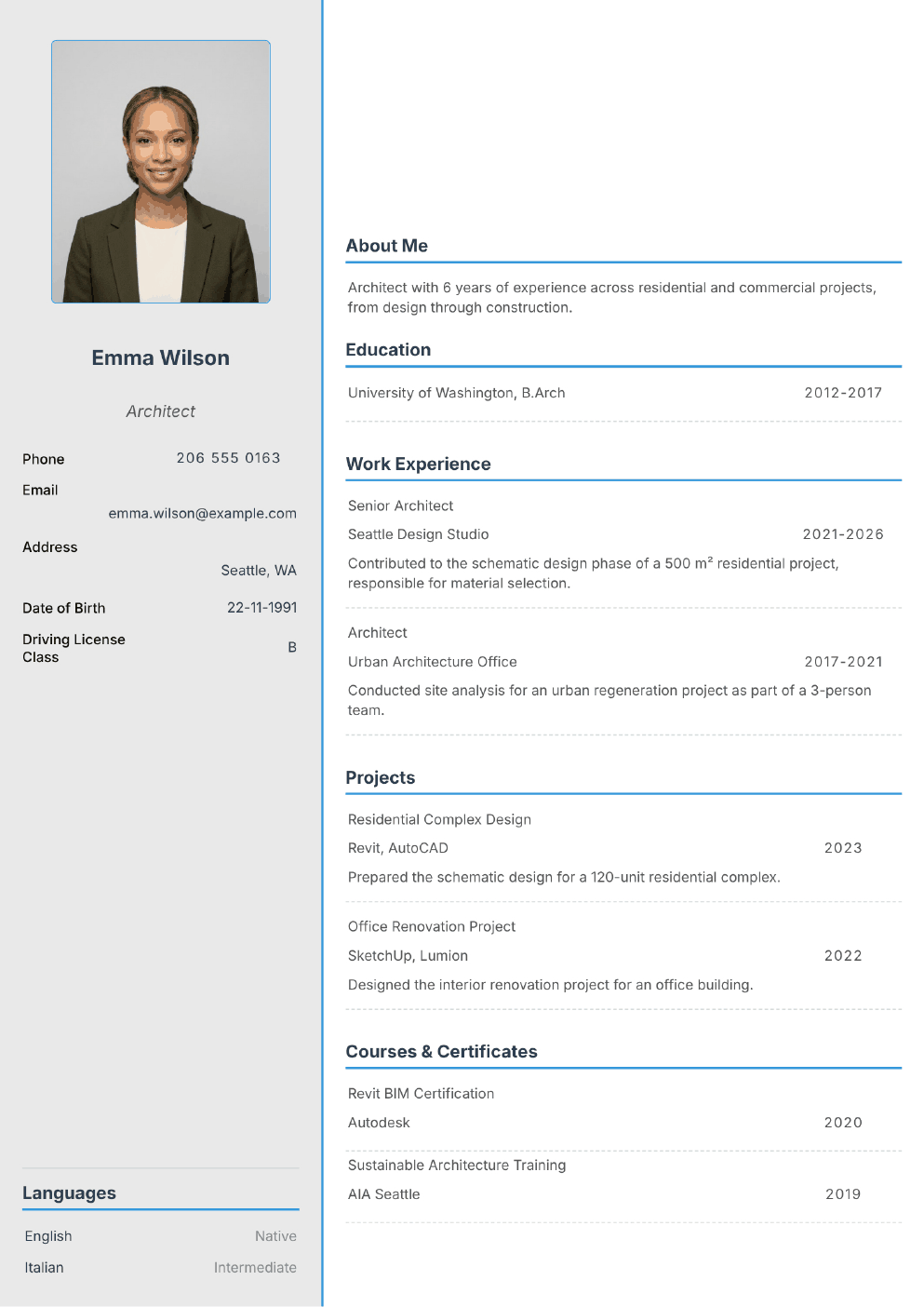 Filled-in example CV for Architect (with photo)