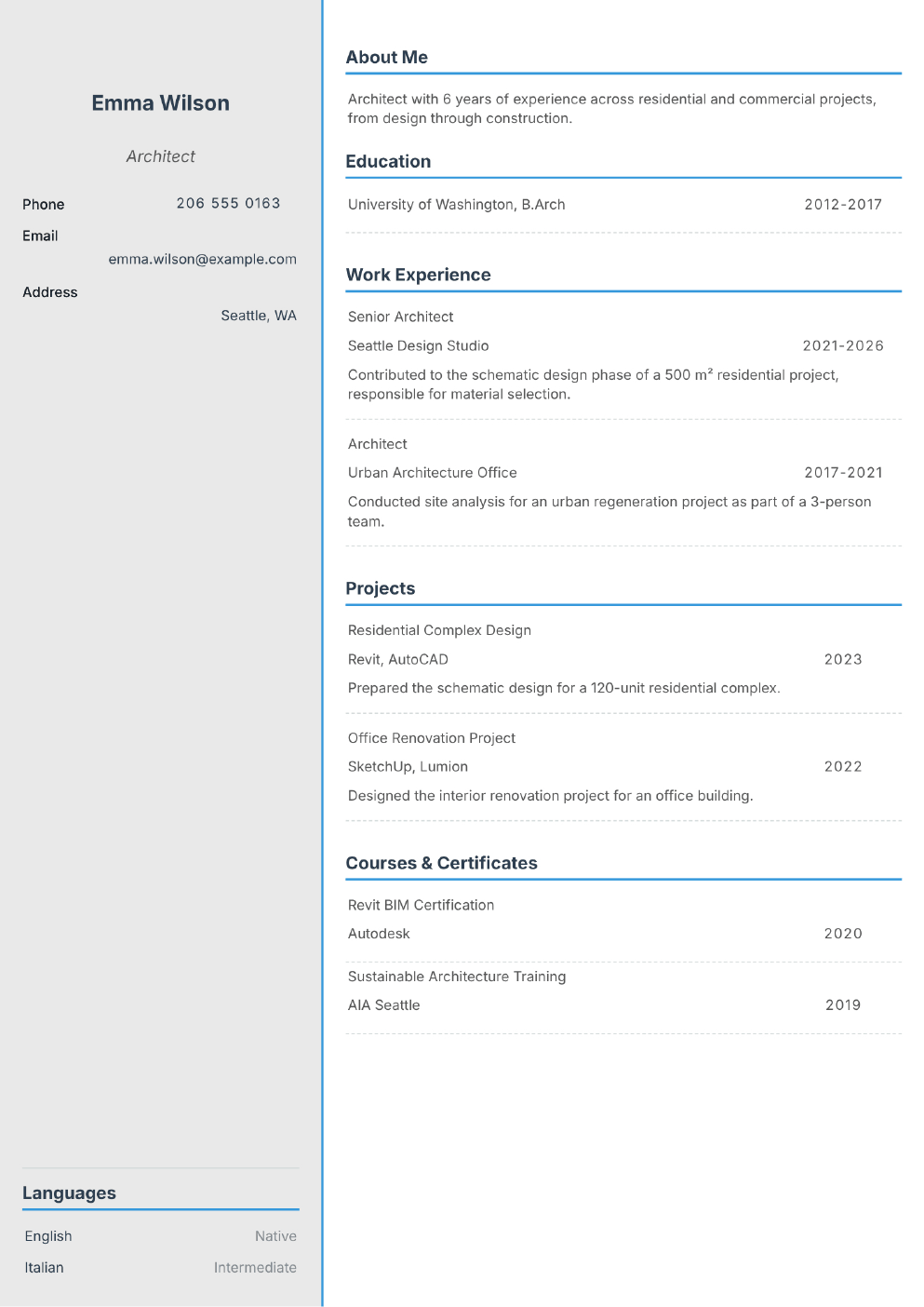Filled-in example CV for Architect (without photo)