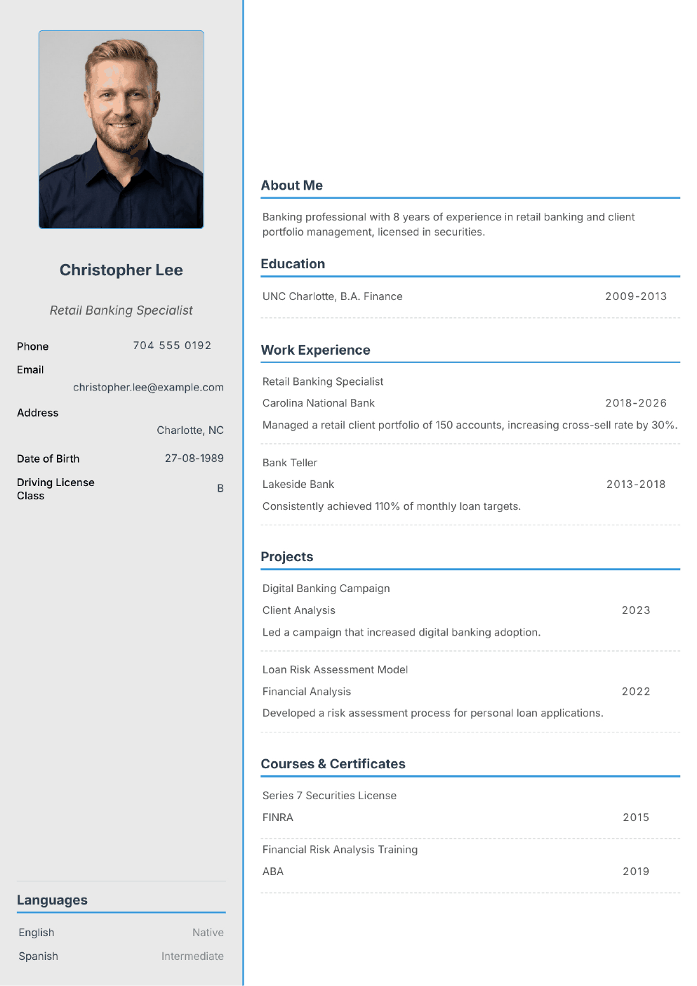 Filled-in example CV for Banking Professional (with photo)