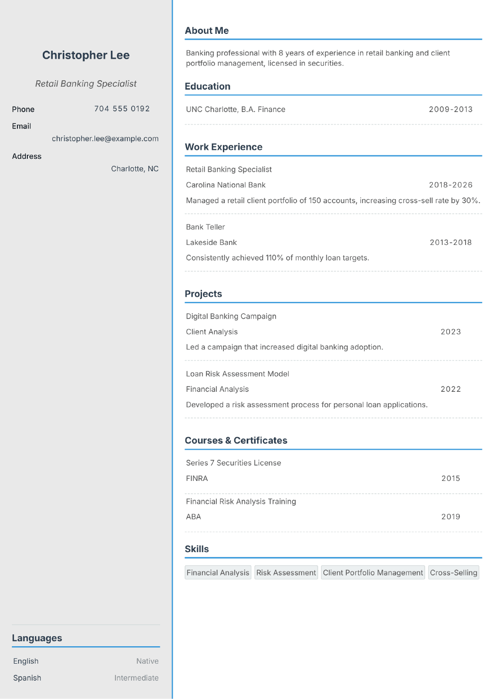 Filled-in example CV for Banking Professional (without photo)
