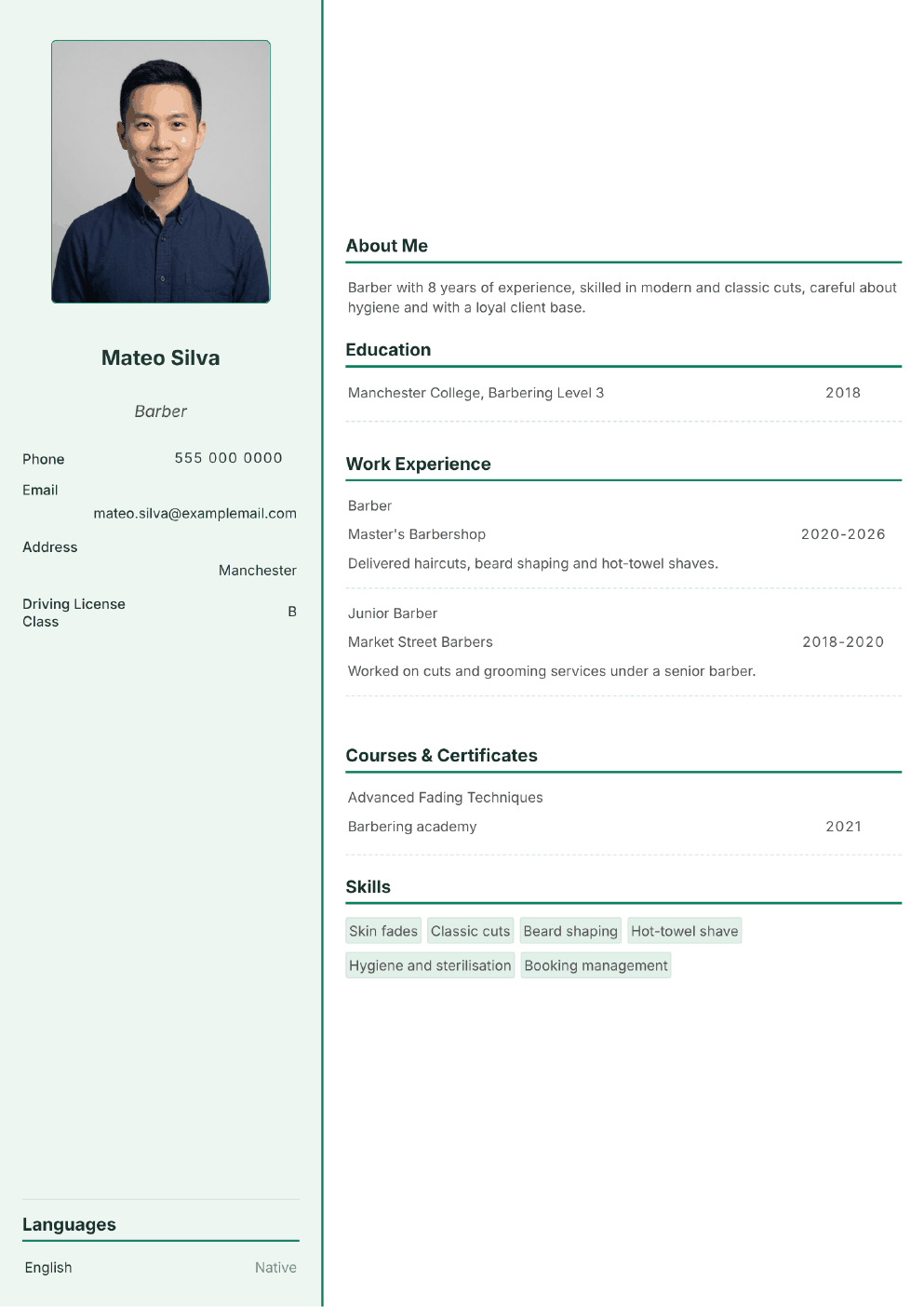 Completed CV example for a Barber (with photo)