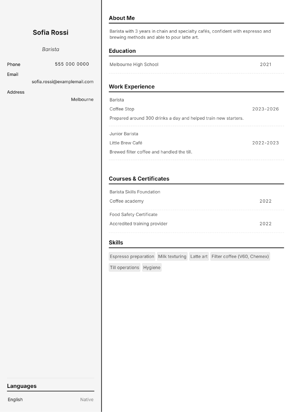 Completed CV example for a Barista (without photo)
