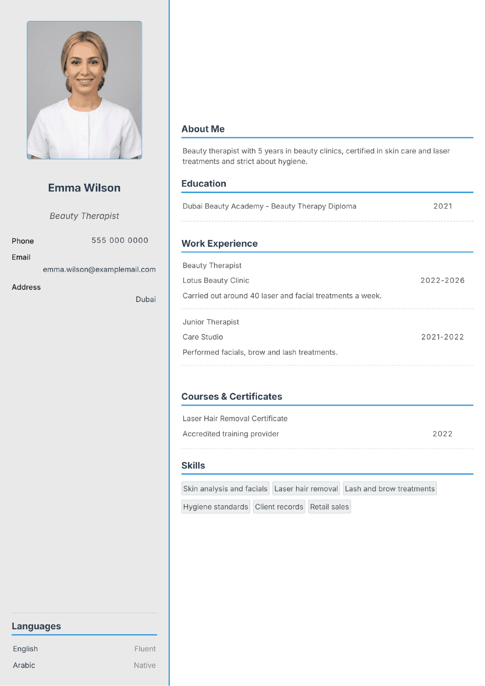Completed CV example for a Beauty Therapist (with photo)