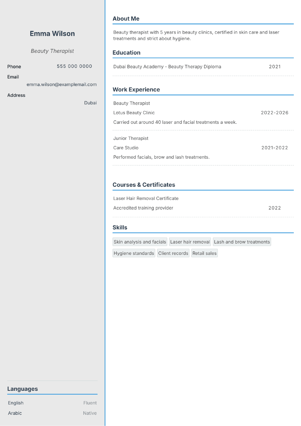 Completed CV example for a Beauty Therapist (without photo)