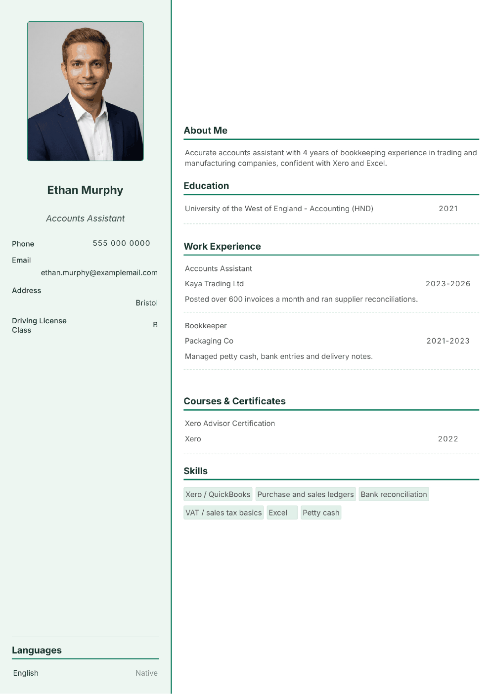 Completed CV example for a Bookkeeper / Accounts Assistant (with photo)