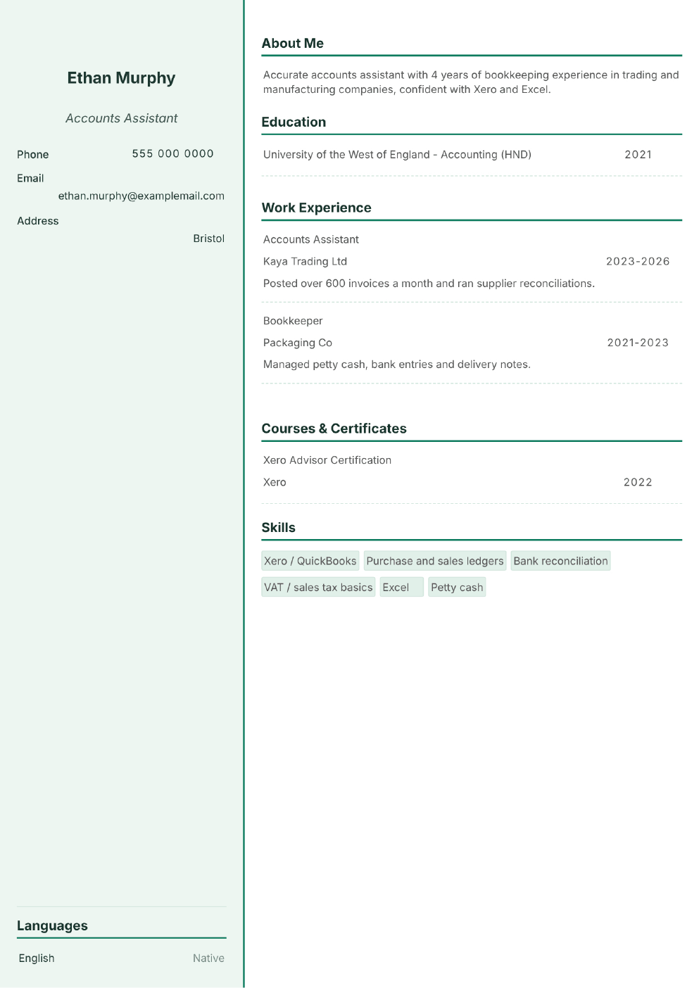 Completed CV example for a Bookkeeper / Accounts Assistant (without photo)