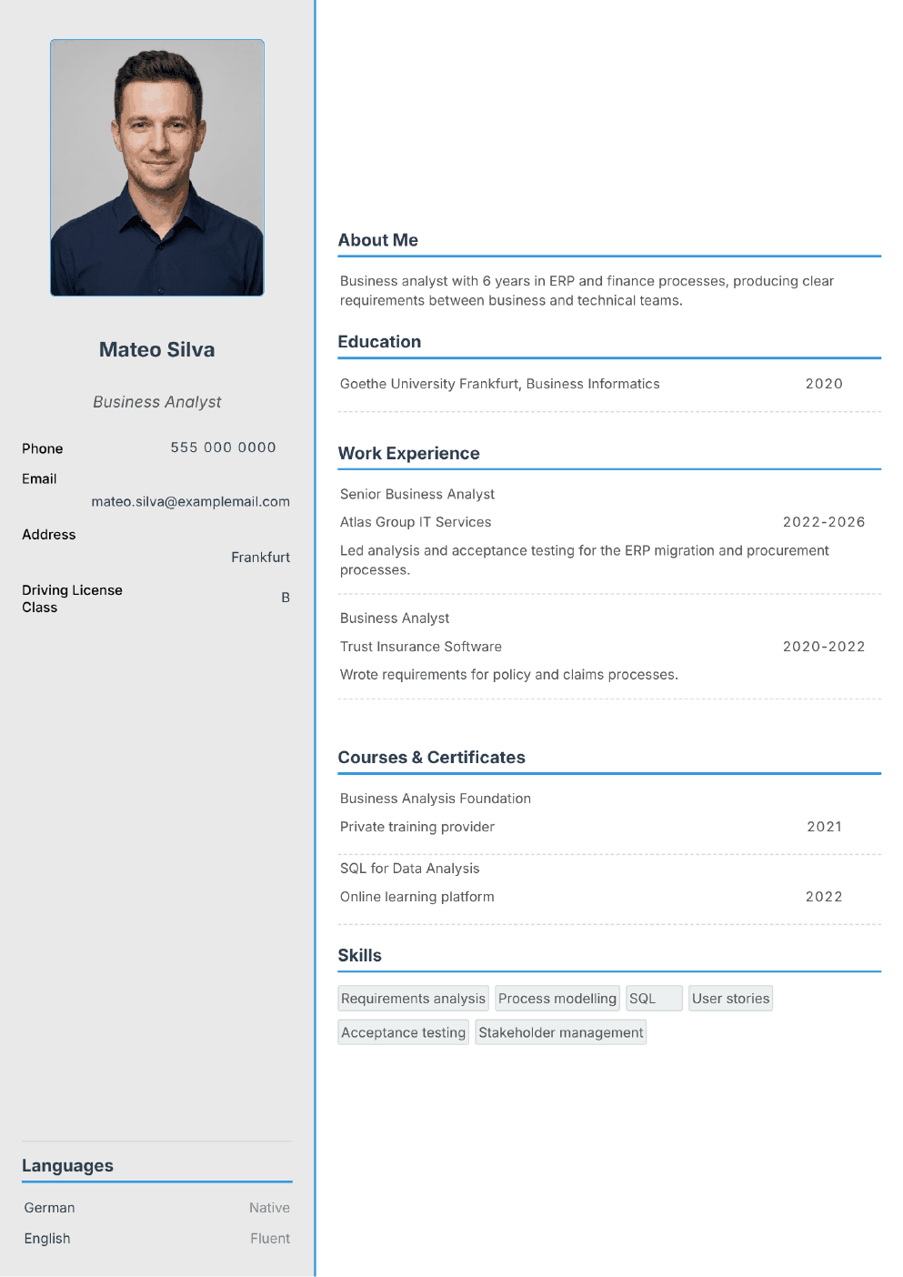 Completed CV example for a Business Analyst (with photo)