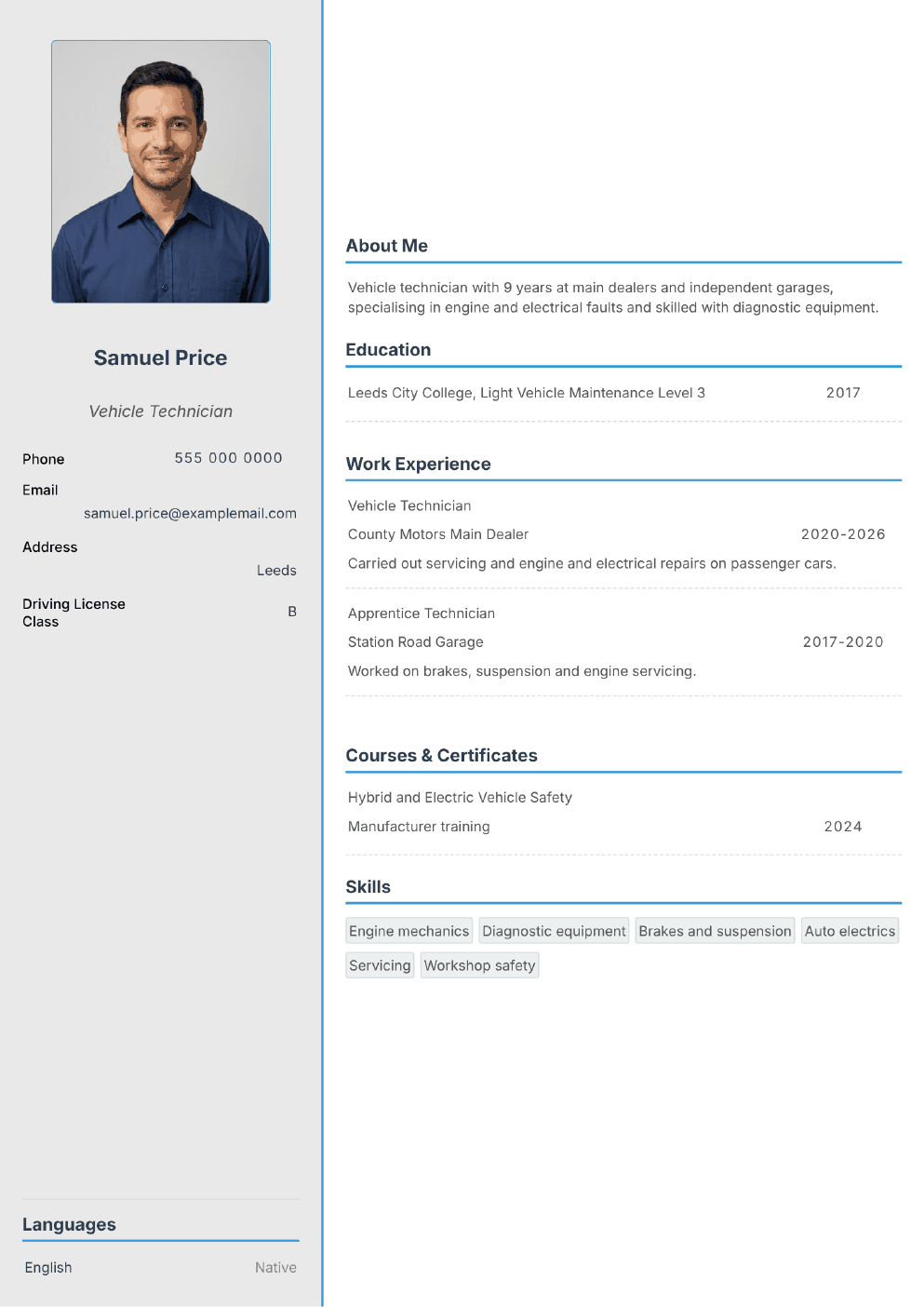 Completed CV example for a Car Mechanic (with photo)