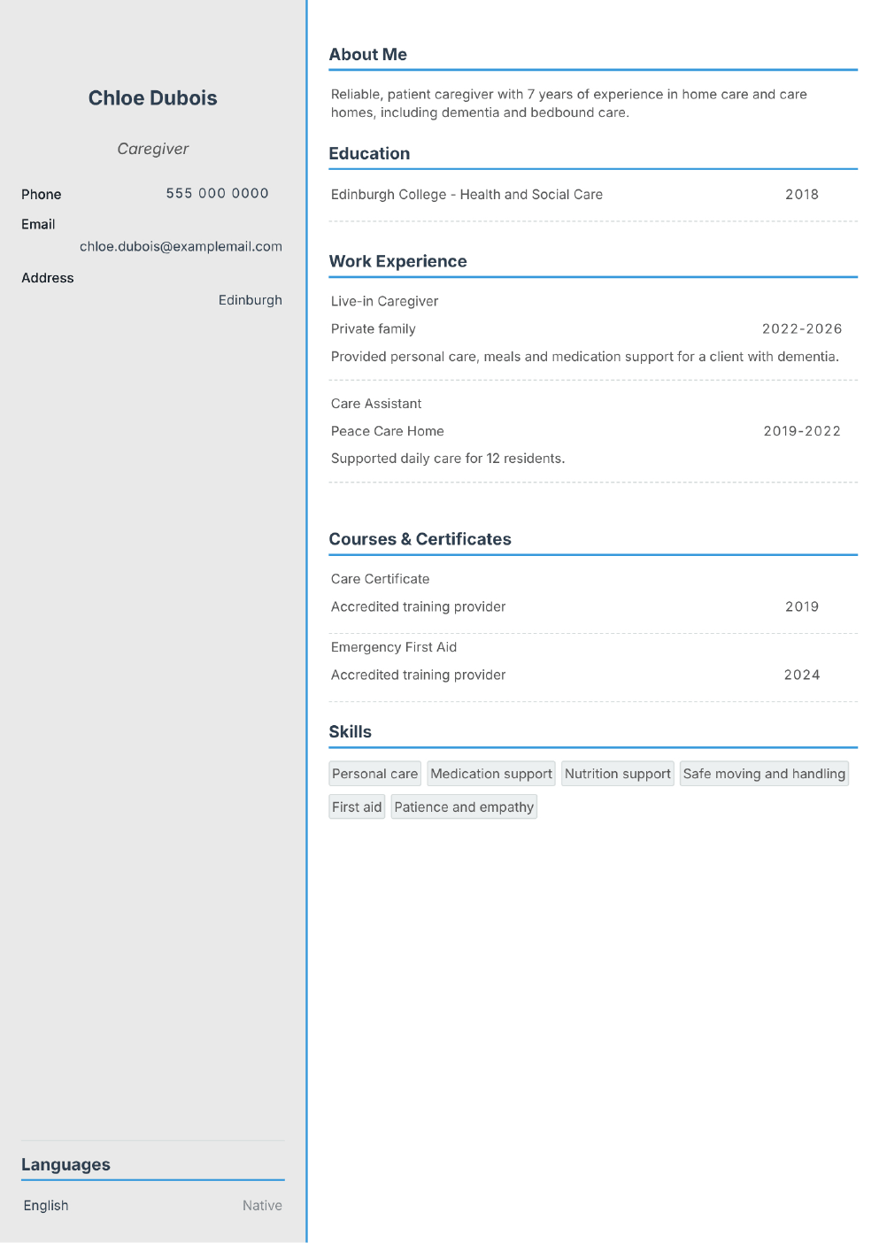Completed CV example for a Caregiver (without photo)