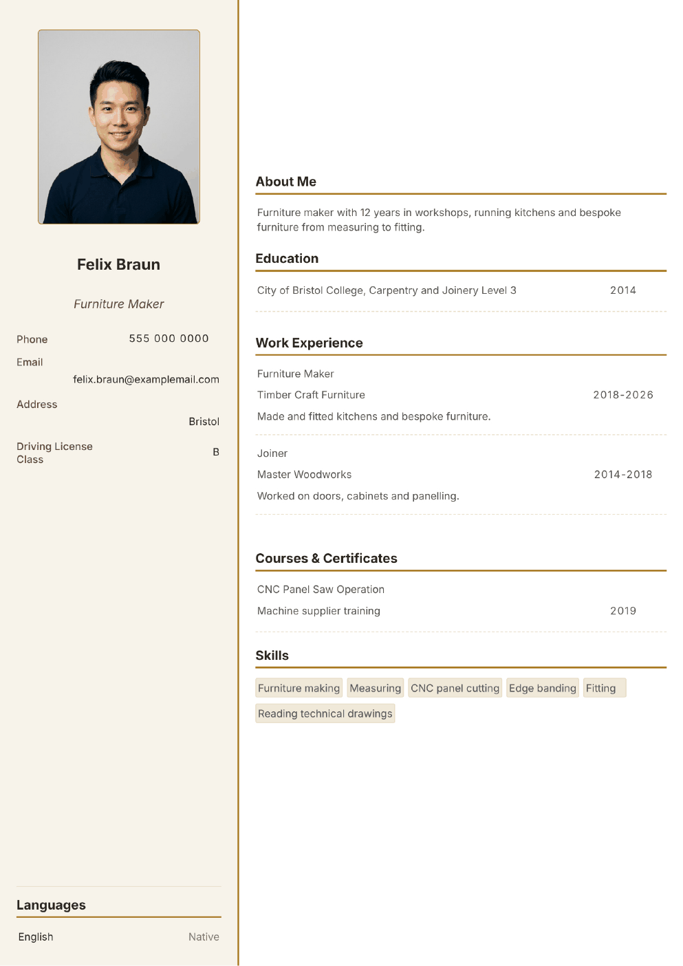 Completed CV example for a Carpenter (without photo)