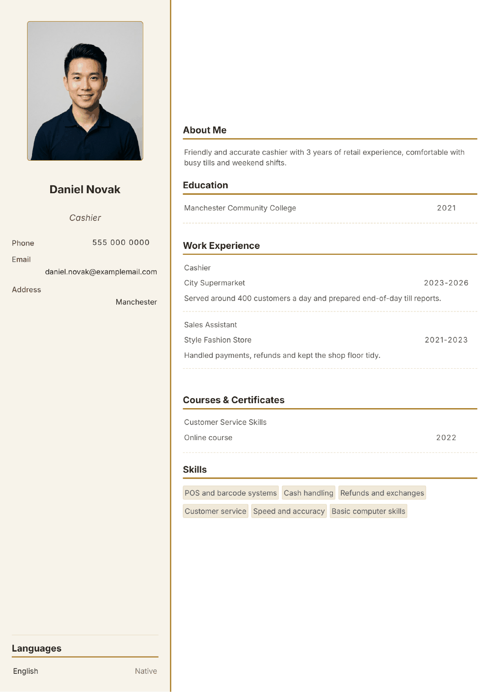 Completed CV example for a Cashier (with photo)
