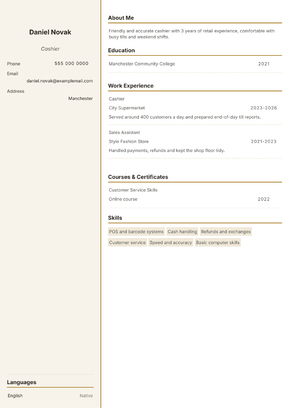 Completed CV example for a Cashier (without photo)