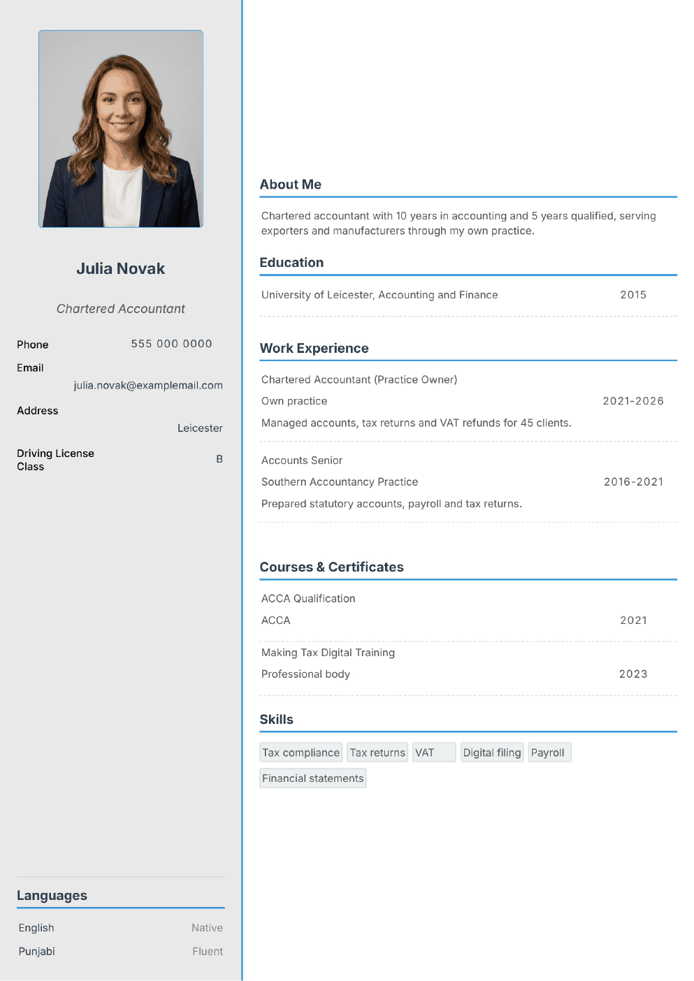 Completed CV example for a Chartered Accountant (with photo)