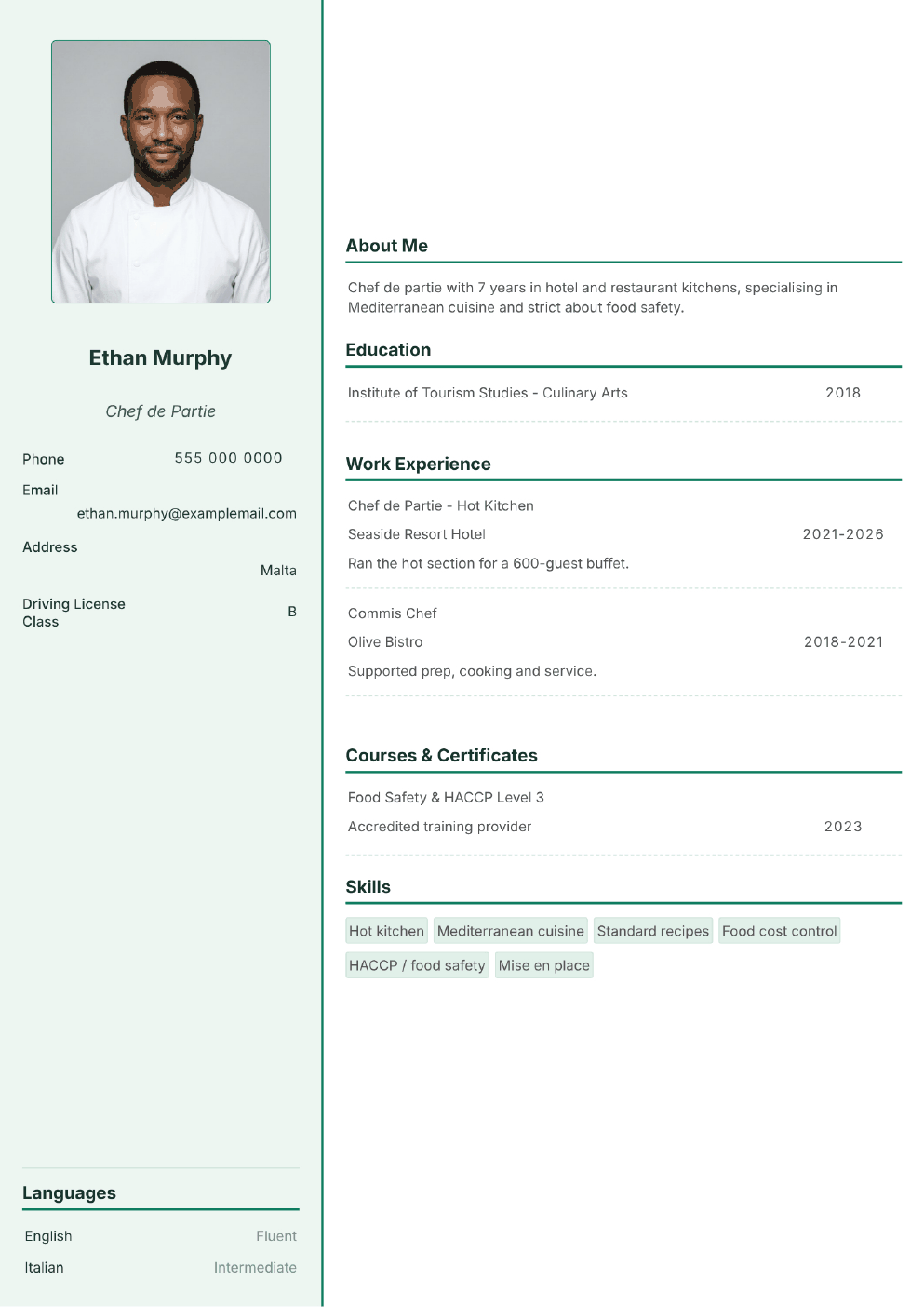 Completed CV example for a Chef / Cook (with photo)