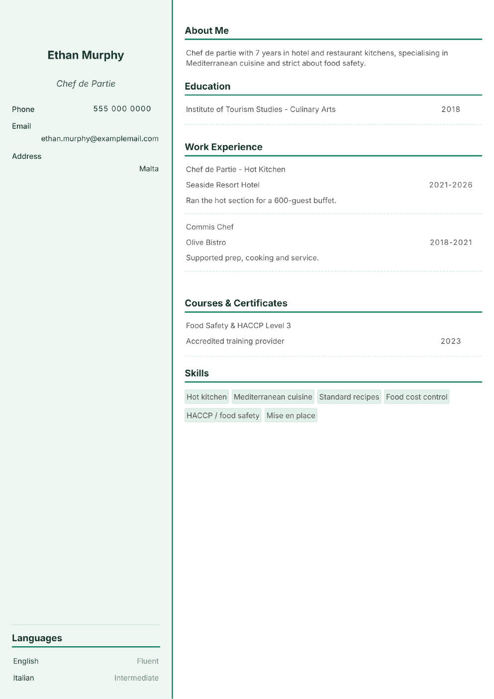 Completed CV example for a Chef / Cook (without photo)