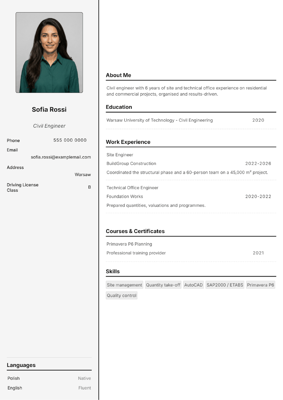Completed CV example for a Civil Engineer (with photo)