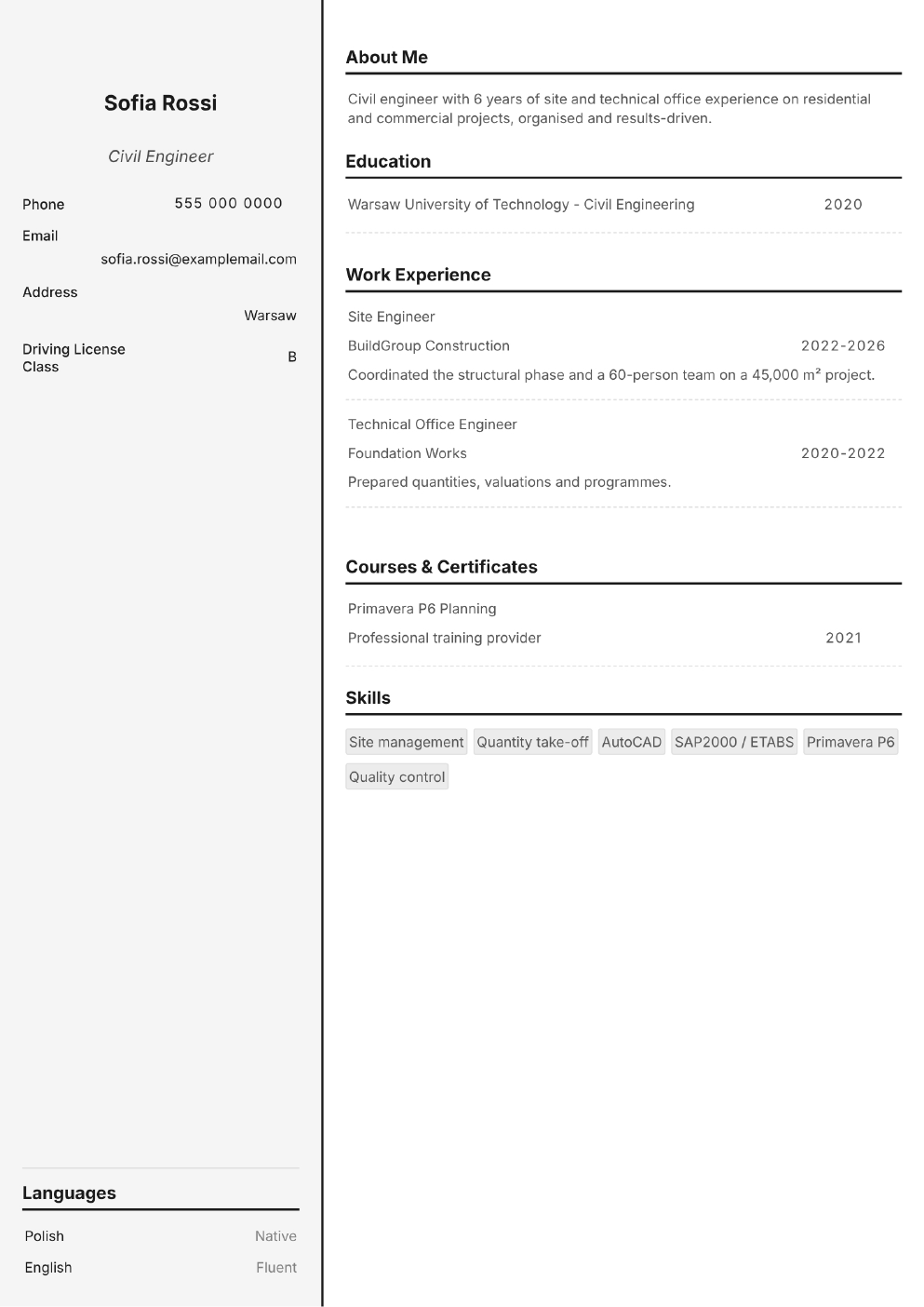 Completed CV example for a Civil Engineer (without photo)
