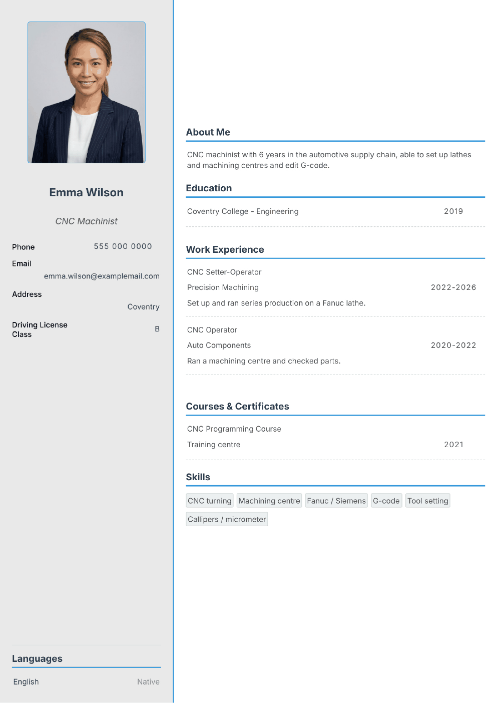 Completed CV example for a CNC Machinist (with photo)