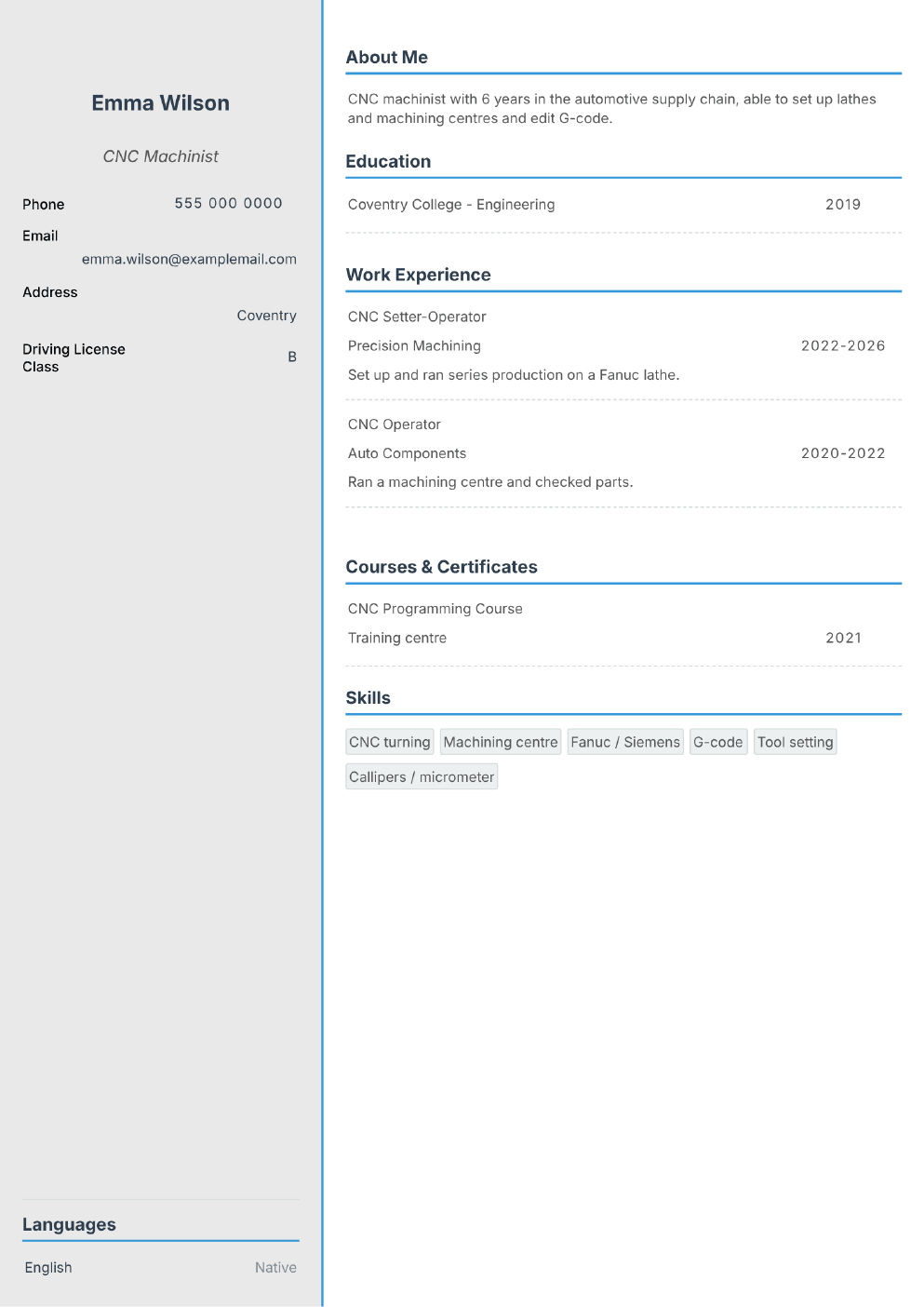 Completed CV example for a CNC Machinist (without photo)