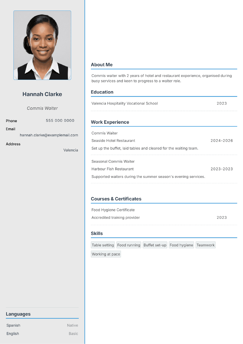 Completed CV example for a Commis Waiter (without photo)