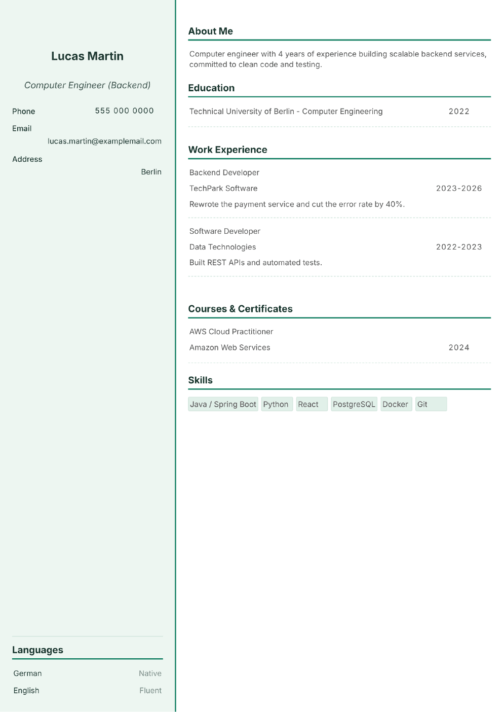 Completed CV example for a Computer Engineer (without photo)