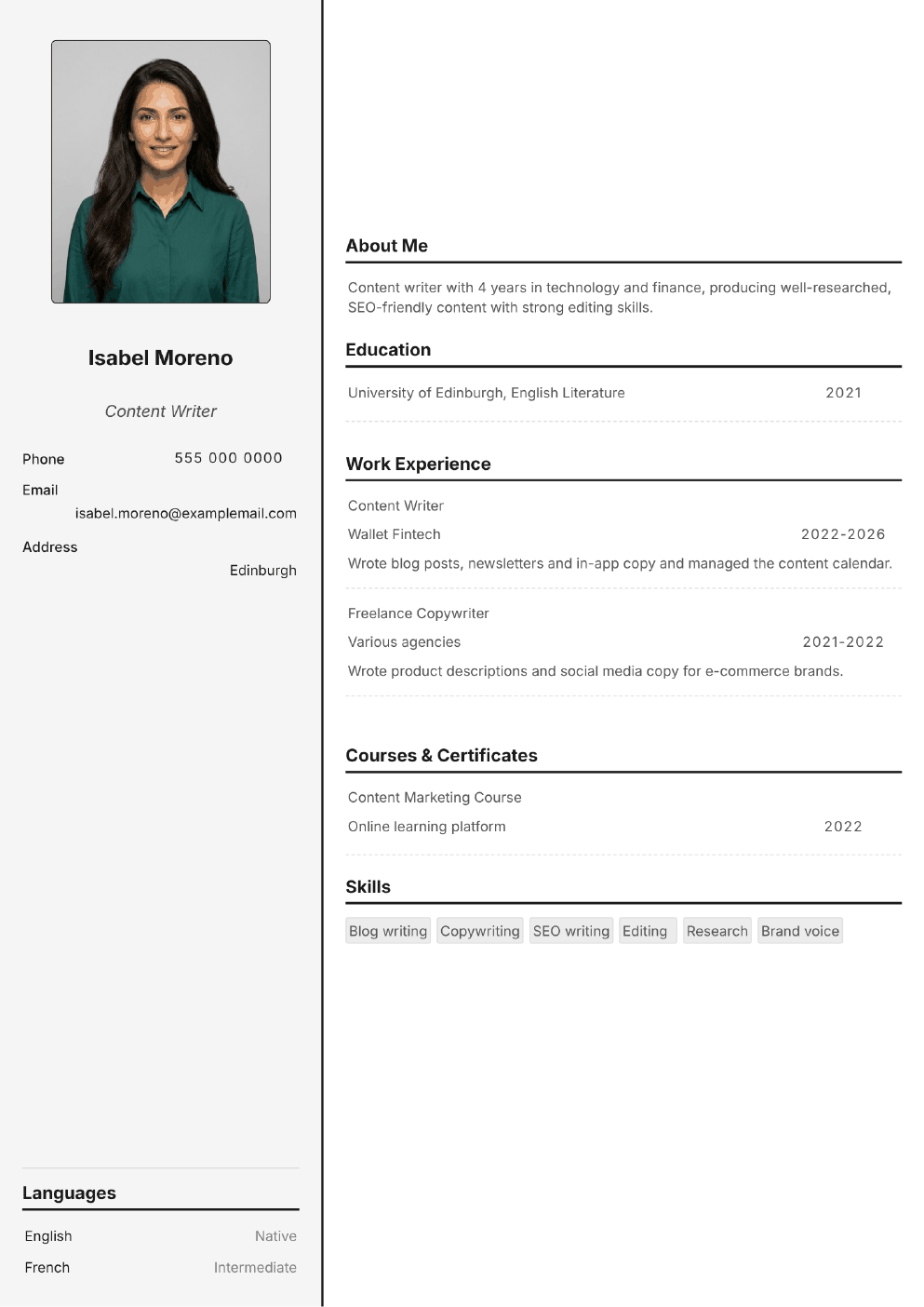 Completed CV example for a Content Writer (without photo)