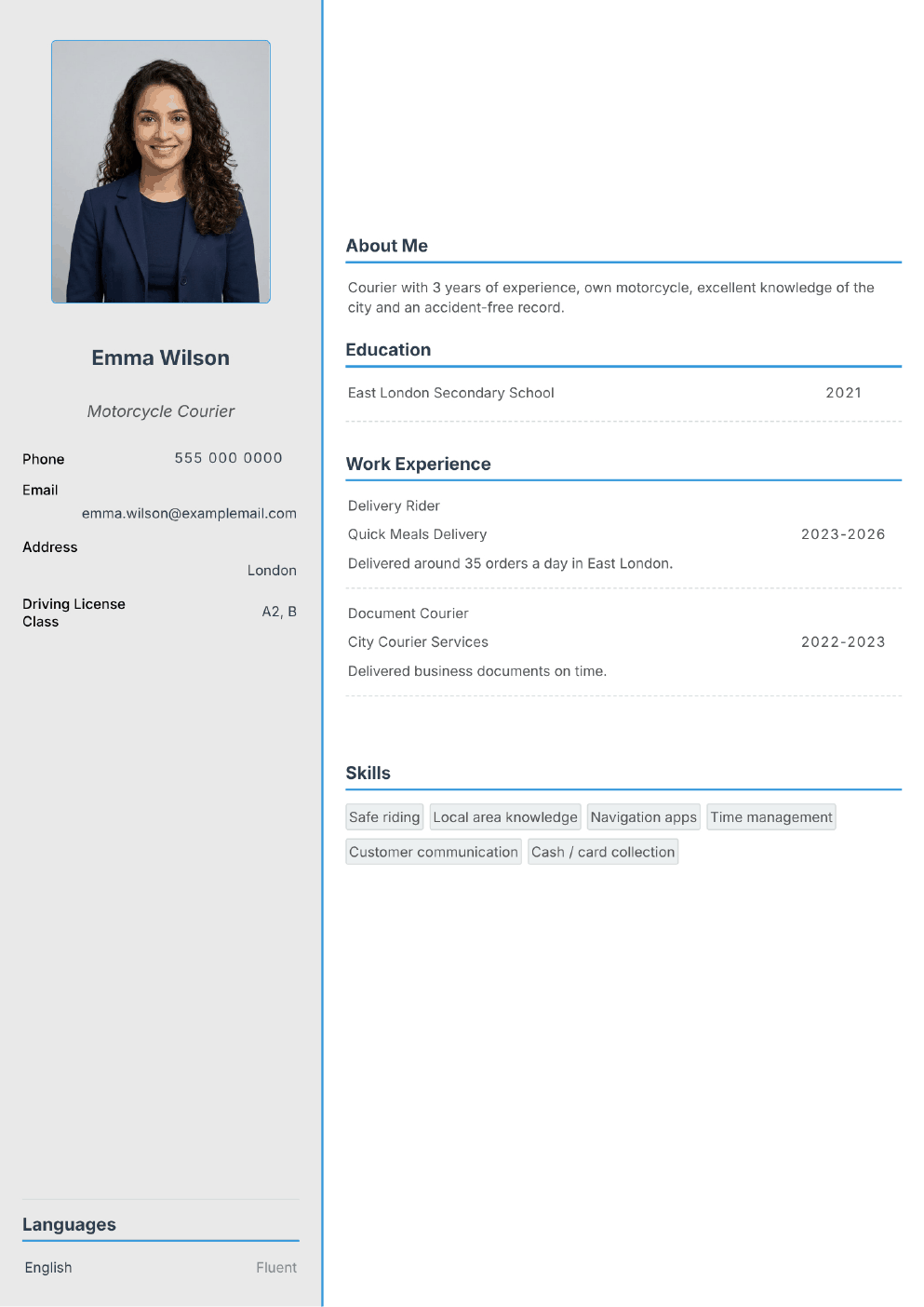 Completed CV example for a Courier / Delivery Rider (with photo)