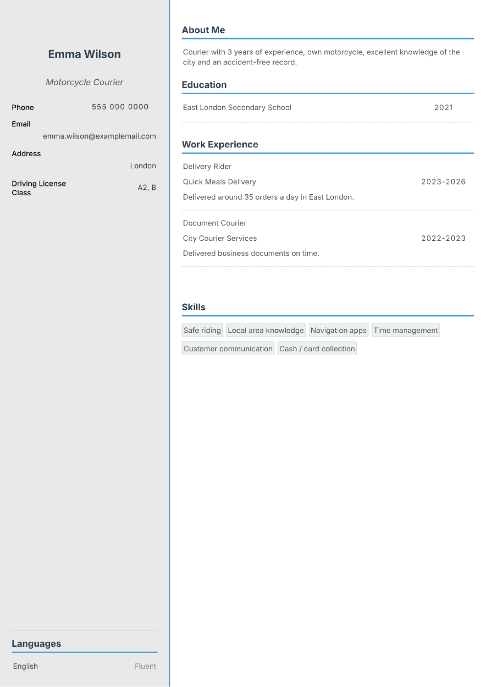 Completed CV example for a Courier / Delivery Rider (without photo)
