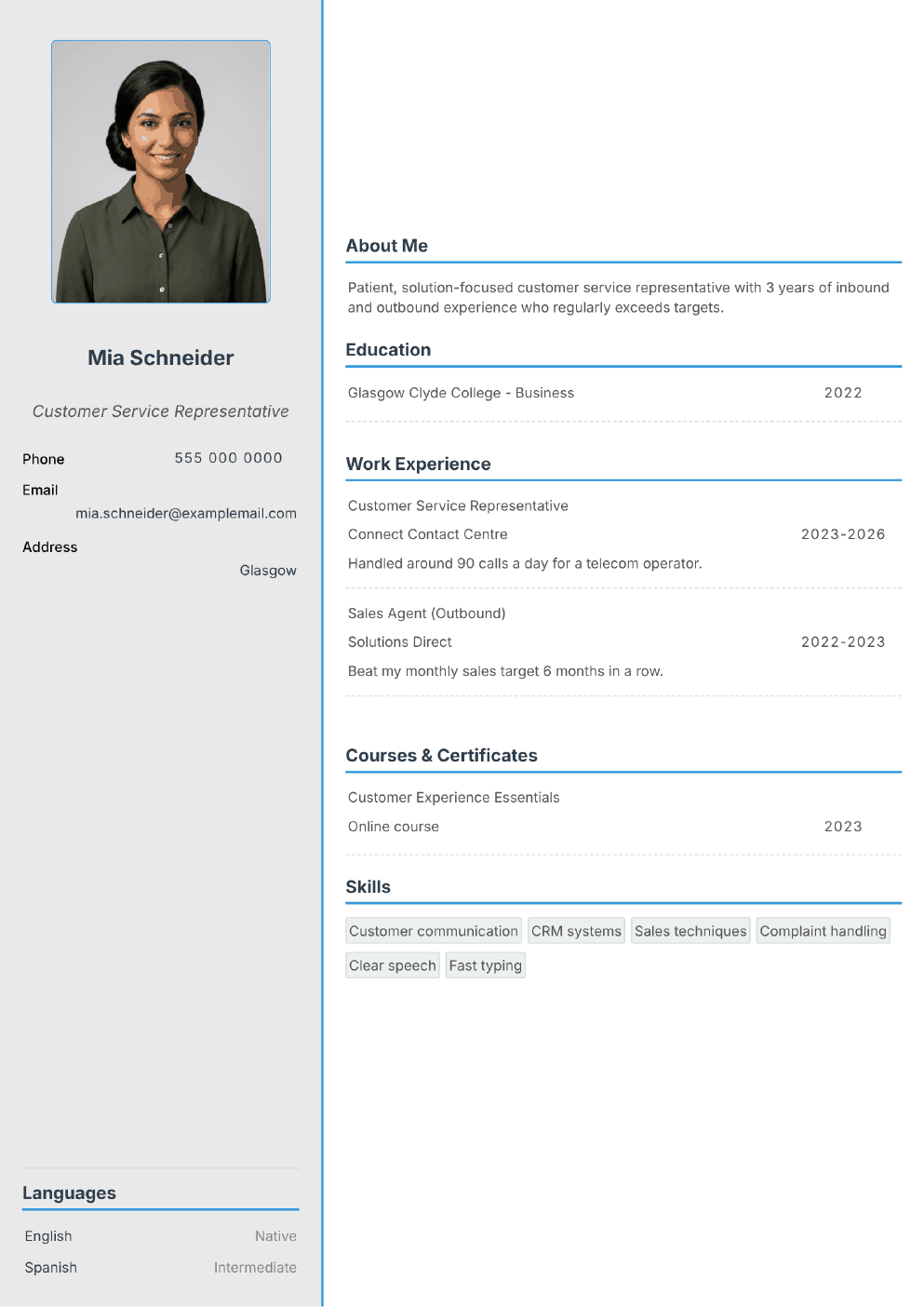 Completed CV example for a Customer Service Representative (with photo)