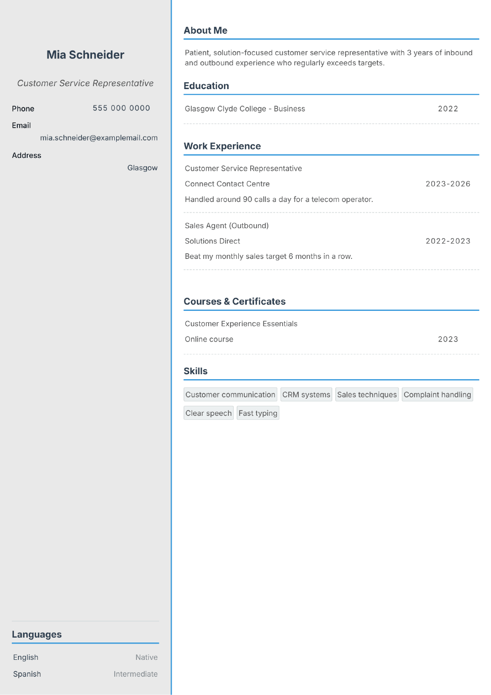 Completed CV example for a Customer Service Representative (without photo)