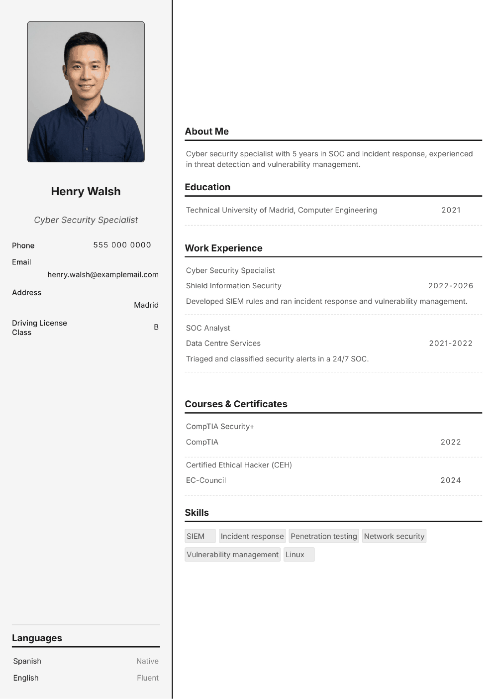 Completed CV example for a Cyber Security Specialist (with photo)