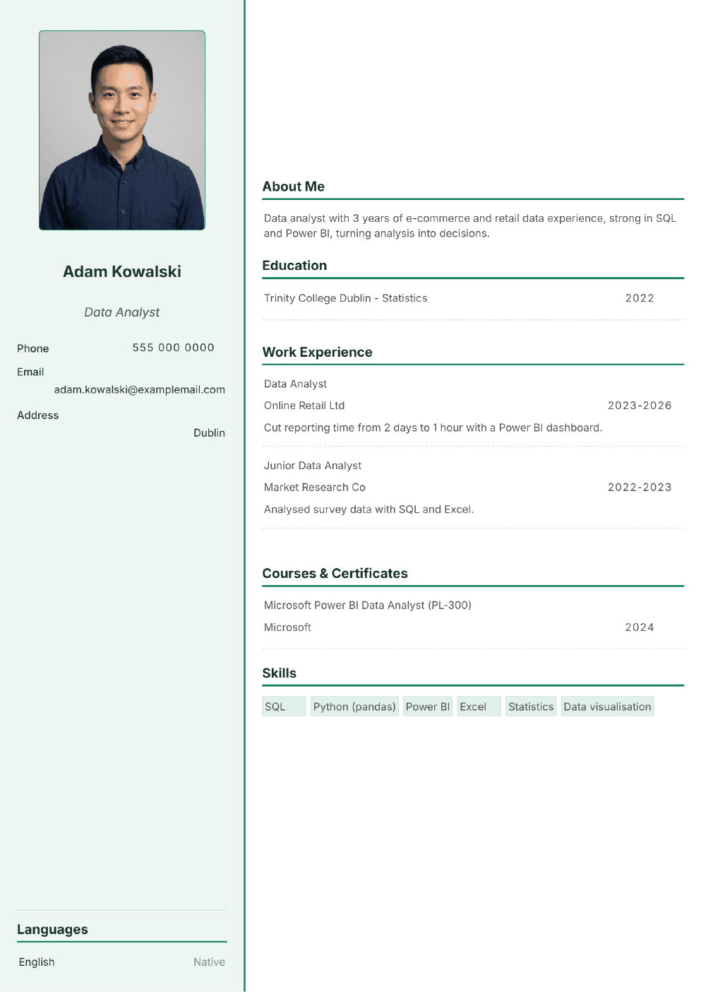 Completed CV example for a Data Analyst (with photo)