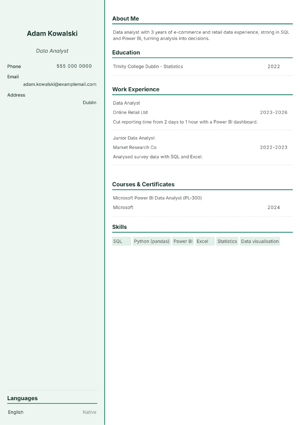 Completed CV example for a Data Analyst (without photo)