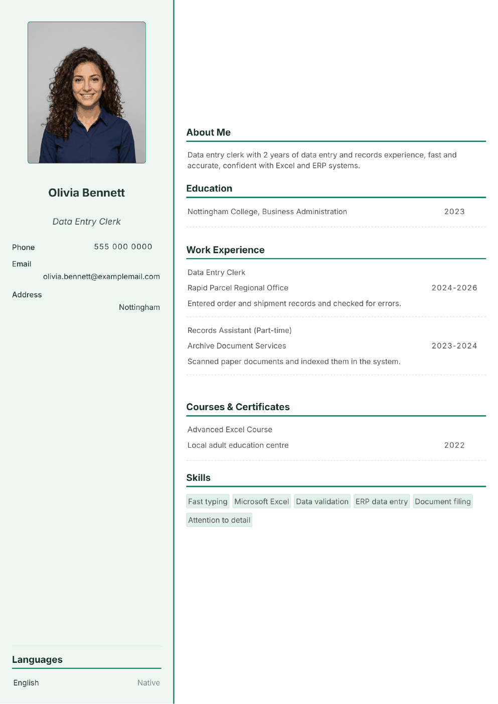 Completed CV example for a Data Entry Clerk (without photo)