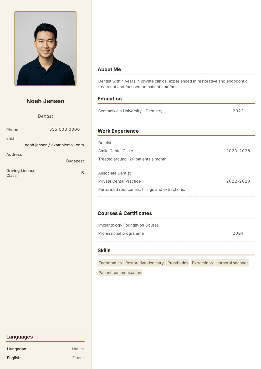 Completed CV example for a Dentist (with photo)