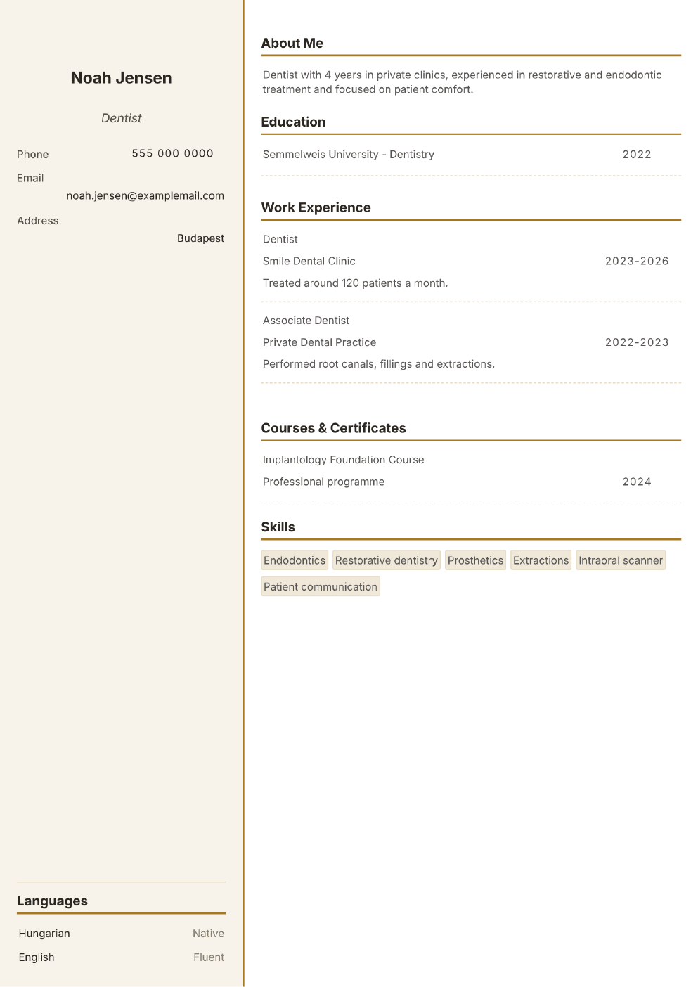 Completed CV example for a Dentist (without photo)