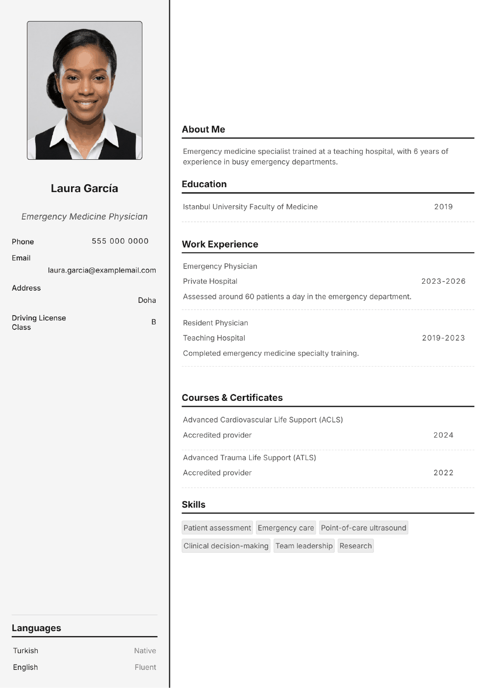 Completed CV example for a Doctor (Physician) (with photo)