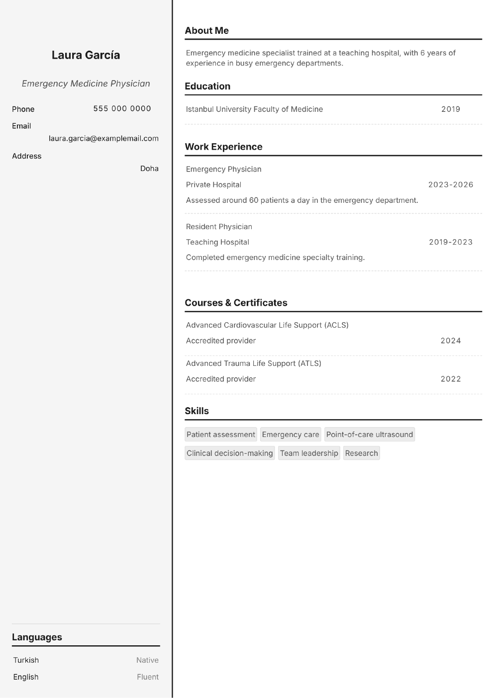 Completed CV example for a Doctor (Physician) (without photo)