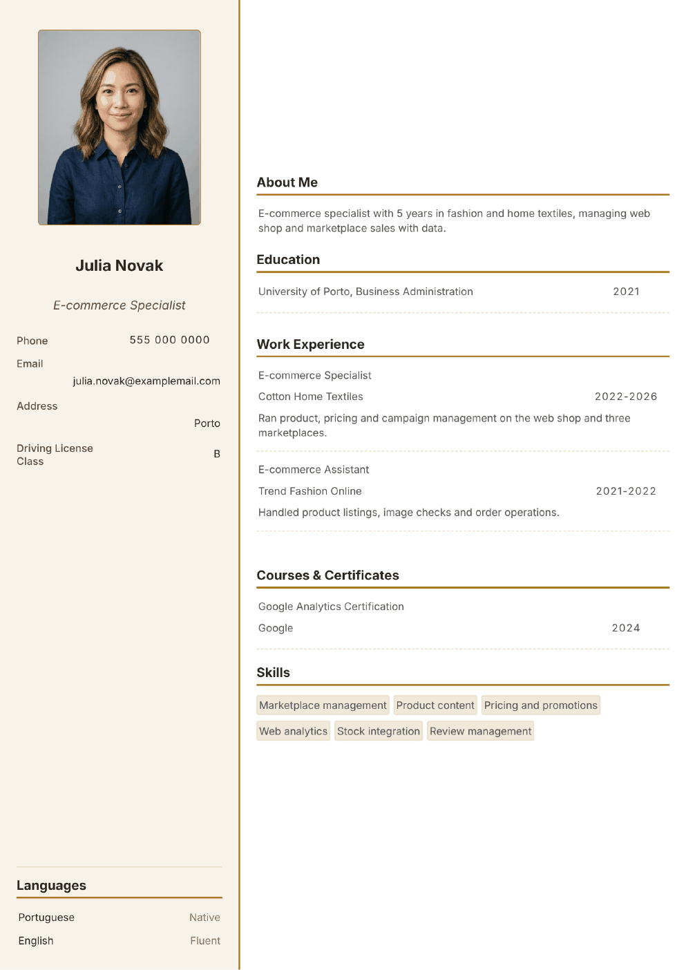 Completed CV example for a E-commerce Specialist (without photo)