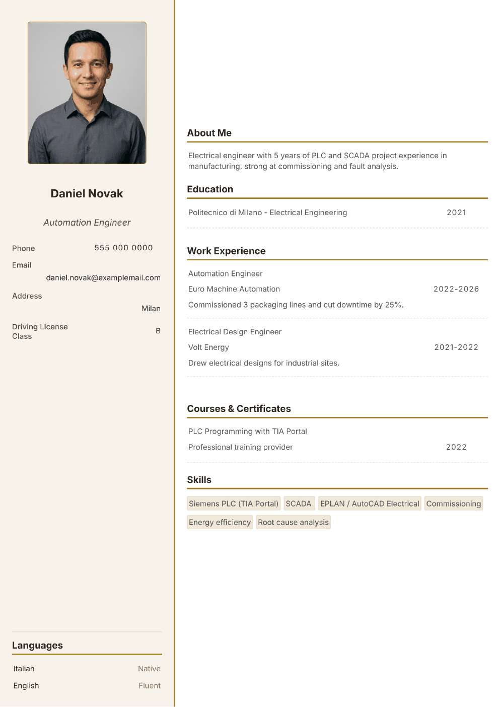 Completed CV example for an Electrical Engineer (with photo)