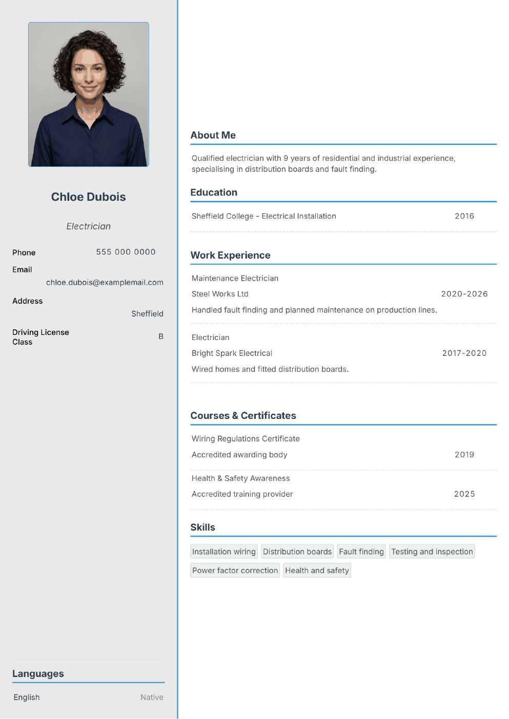 Completed CV example for an Electrician (with photo)