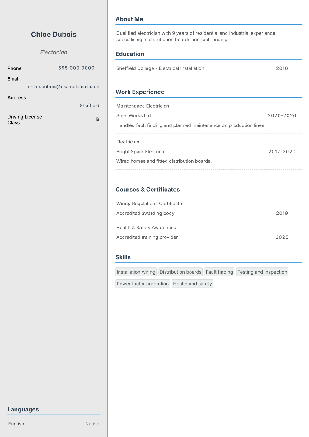Completed CV example for an Electrician (without photo)