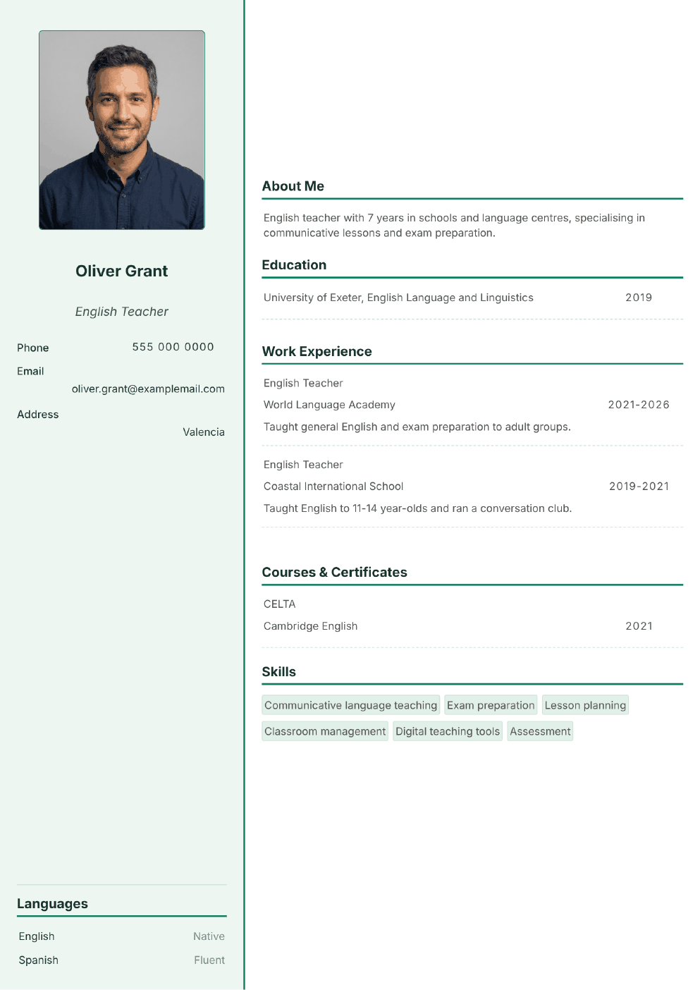 Completed CV example for a English Teacher (with photo)