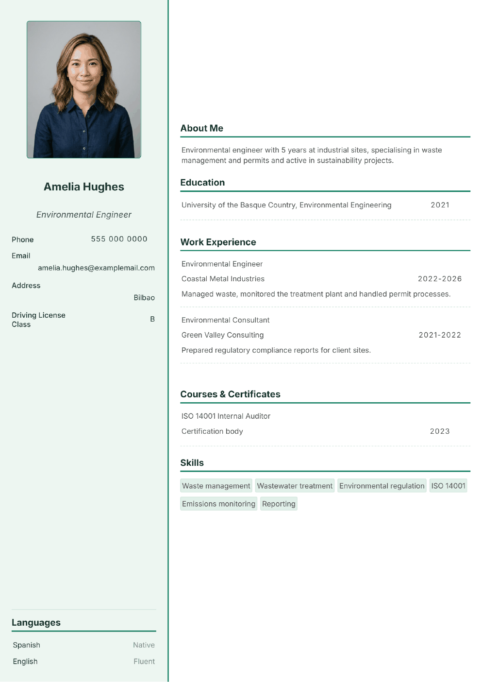 Completed CV example for a Environmental Engineer (without photo)