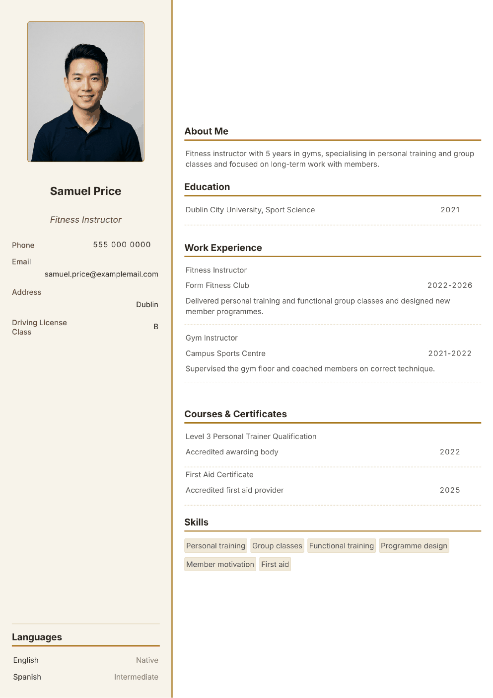 Completed CV example for a Fitness Instructor (with photo)