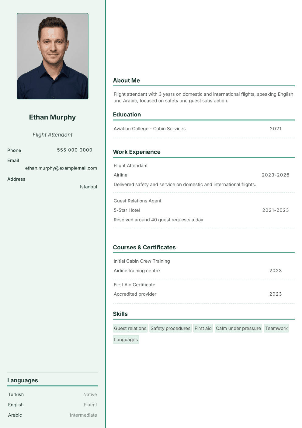 Completed CV example for a Flight Attendant (with photo)