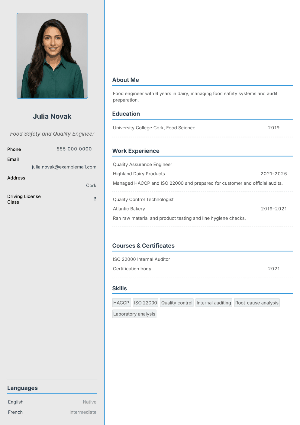 Completed CV example for a Food Engineer (with photo)